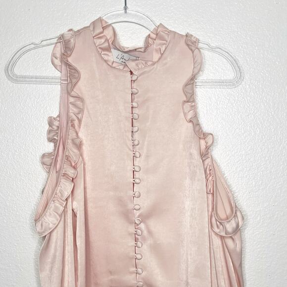 L'ACADEMIE Cold-Shoulder Ruffle Satin Blouse Button Front Pink Womens Size S NWT - Picture 4 of 8